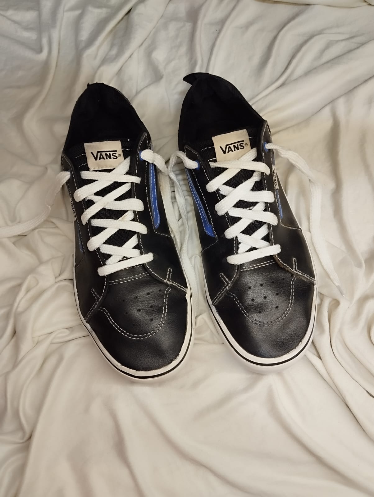 Black and blue low rise vans